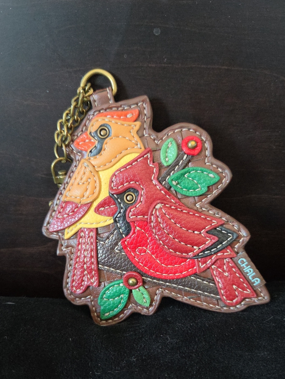 Chala Red & Yellow Cardinal Leather Bag Charm with Green Leaf Accents